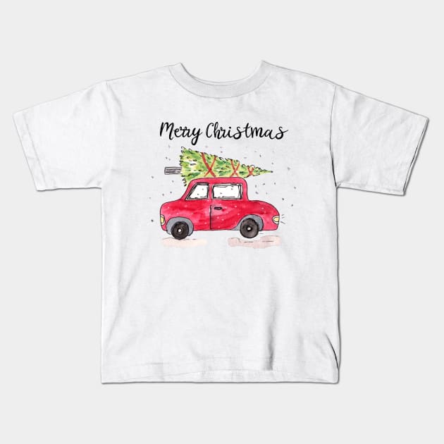 Watercolor Christmas Car with Tree Kids T-Shirt by Harpleydesign